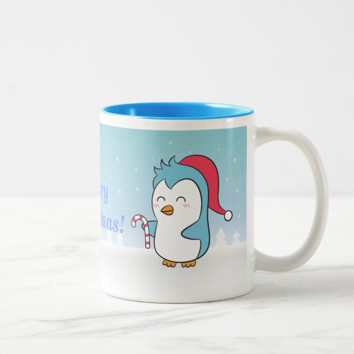 Cute and Happy Christmas Penguin with Candy Cane Coffee Mug