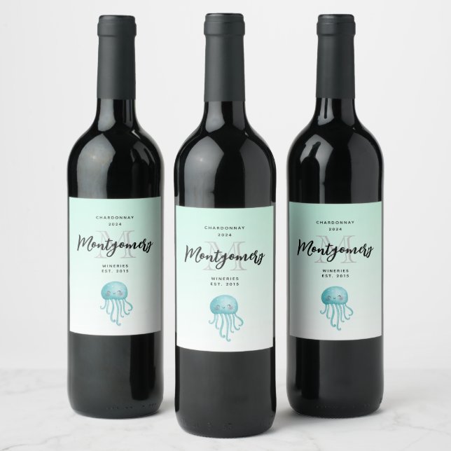 Cute and Happy Jellyfish Wine Making Label (Bottles)