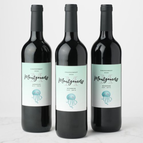 Cute and Happy Jellyfish Wine Making Wine Label
