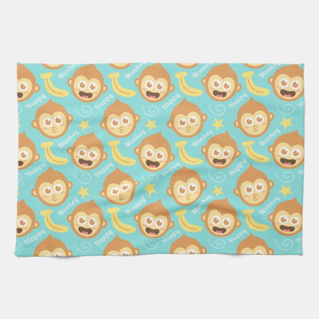 Cute and Happy Monkey, Bananas and Stars Towel (Horizontal)