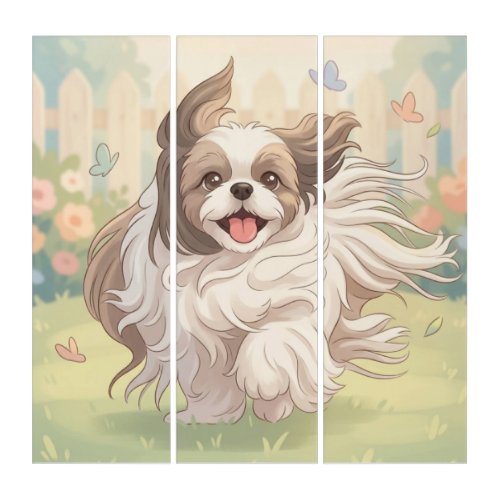 Cute and Happy Shih Tzu Puppy Running in a Garden  Triptych