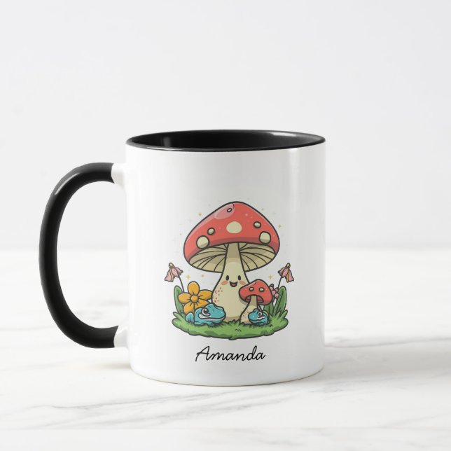 Cute and Magical Mushrooms and Frogs | Name Coffee Mug (Left)