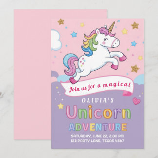 Cute and Magical Unicorn Rainbow Girl Birthday Invitation