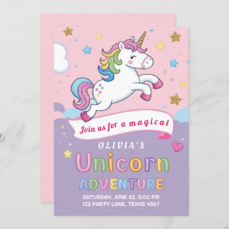 Cute and Magical Unicorn Rainbow Girl Birthday Invitation