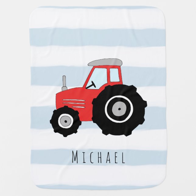 Cute and Modern Blue Boys Farm Tractor Name Stroller Blanket (Front)