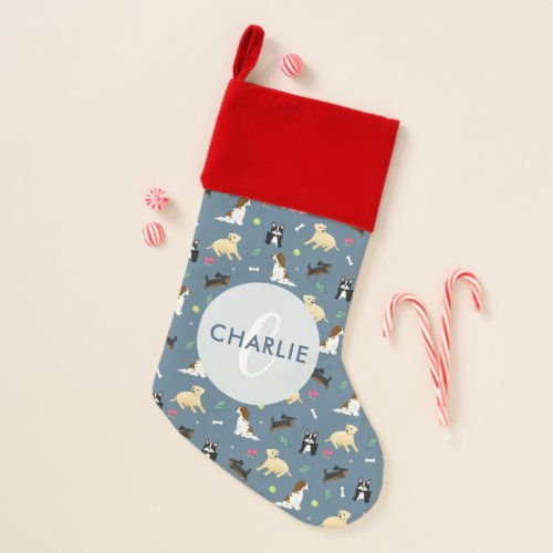 Cute and Modern Blue Dog Monogram Pet Christmas Stocking