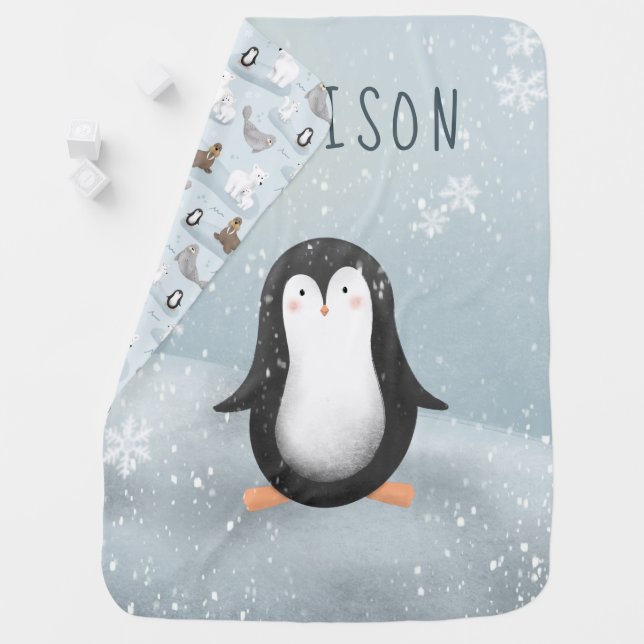 Cute and Modern Blue Winter Penguin Baby Blanket (In Situ)