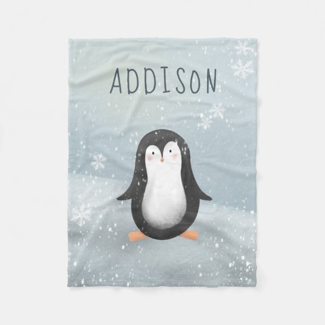 Cute and Modern Blue Winter Penguin Kids Fleece Blanket (Front)