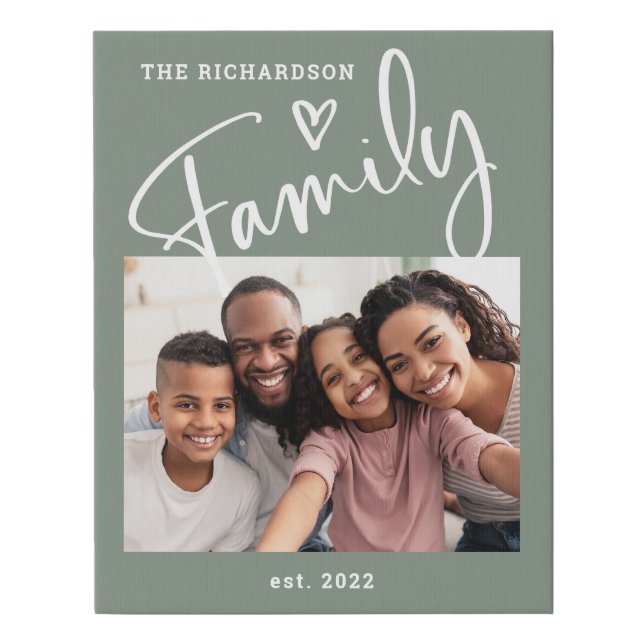 Cute and Modern Family Photo | Sage Green Faux Canvas Print (Front)