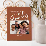 Cute and Modern Family Photo | Terracotta Canvas Print<br><div class="desc">This simple and stylish family photo art features your favorite personal photo,  with the word "family" appearing in modern white handwritten script typography,  with a cute hand drawn heart on a boho terracotta background. Add your family name and established date.</div>