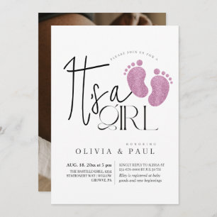 Cute and modern Feet Glitter Baby Girl Shower Invitation
