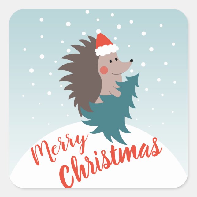 Cute and Modern Hedgehog Christmas Square Sticker (Front)