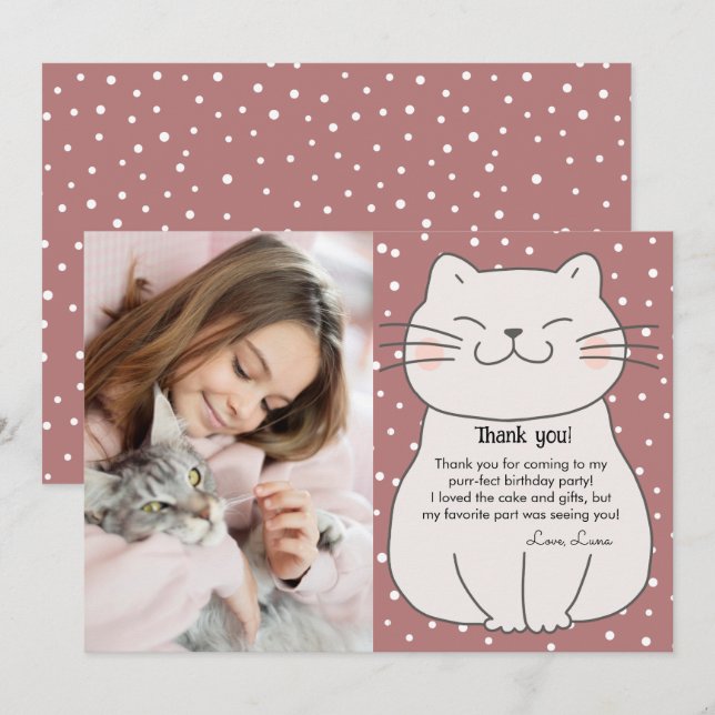 Cute and Modern Kitten With Photo Birthday  Thank You Card (Front/Back)