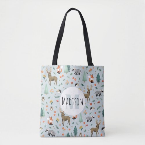 Cute and Modern Woodland Animals Monogram Kids Tote Bag