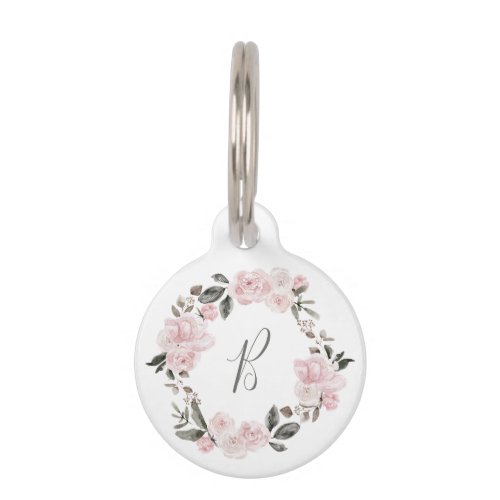 Cute and Pretty Pink Floral Watercolor  Monogram Pet ID Tag