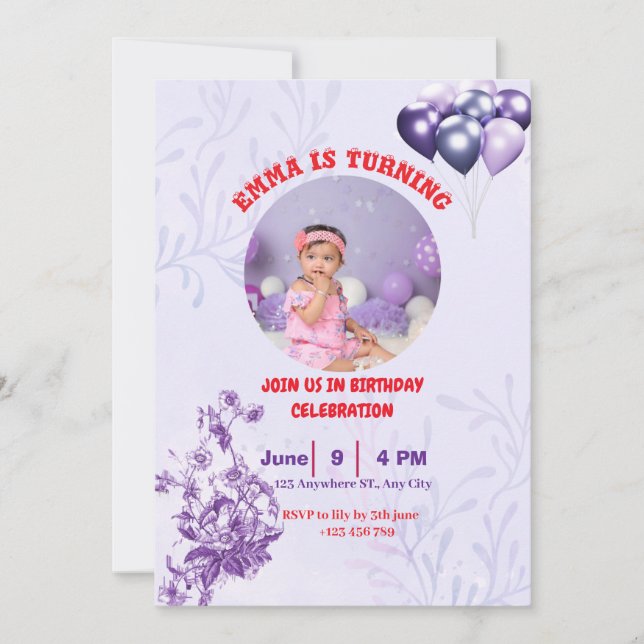 cute and Purple Watercolor Birthday  invitation (Front)