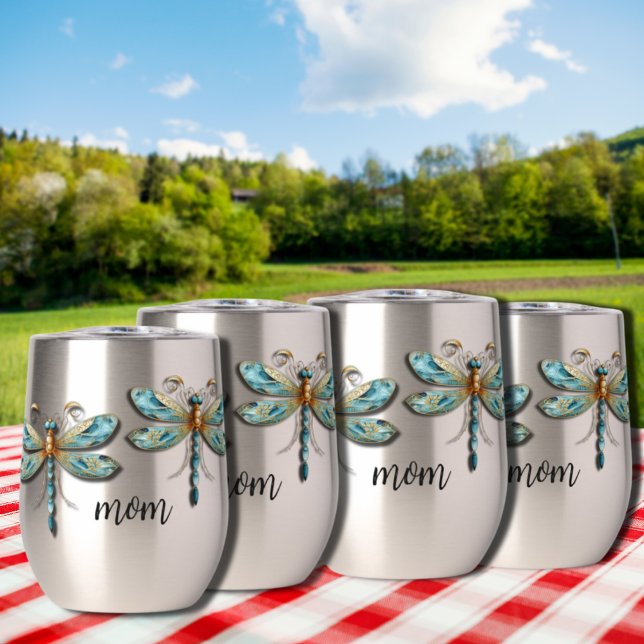 Cute and Quirky Dragonflies in Aqua and Gold  Thermal Wine Tumbler (Cute and quirkly aqua blue dragonfly on customizable wine tumbler for Mother's Day)