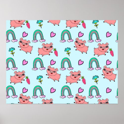 Cute and Quirky Pigs and Rainbows Pattern Poster
