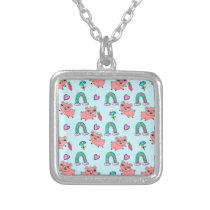 Cute and Quirky Pigs and Rainbows Pattern Silver Plated Necklace