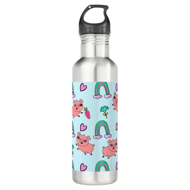 Cute and Quirky Pigs and Rainbows Pattern Stainless Steel Water Bottle (Front)