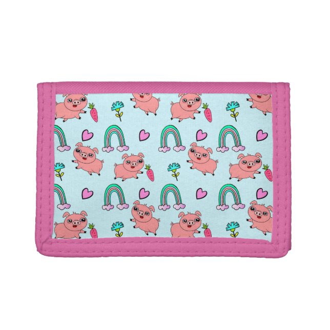 Cute and Quirky Pigs and Rainbows Pattern Trifold Wallet (Front)