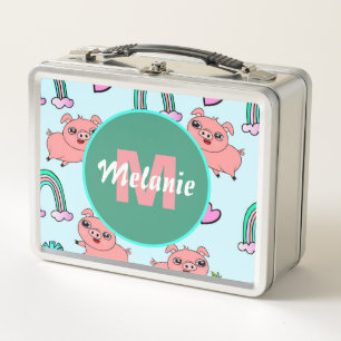Cute and Quirky Pigs and Rainbows Personalised Metal Lunch Box