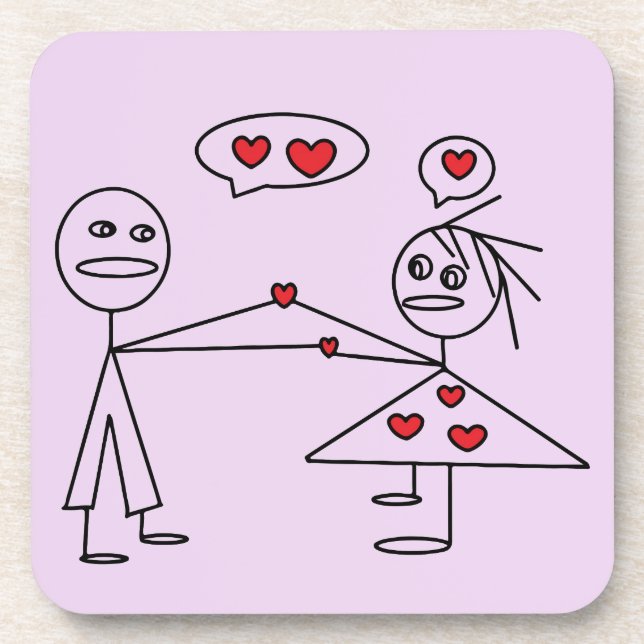 Cute and Romantic Stick Figure Couple in LOVE Drink Coaster (Front)