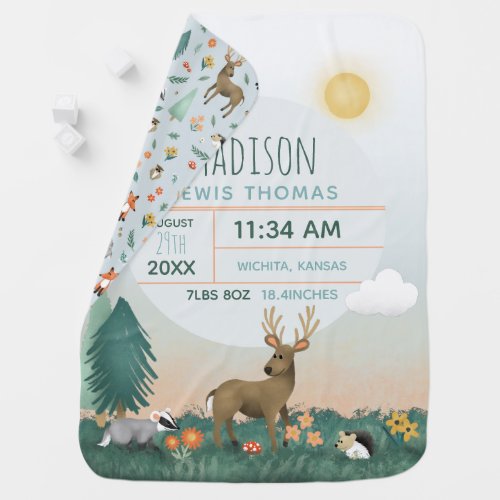 Cute and Rustic Woodland Animals Birth Stats Baby Blanket