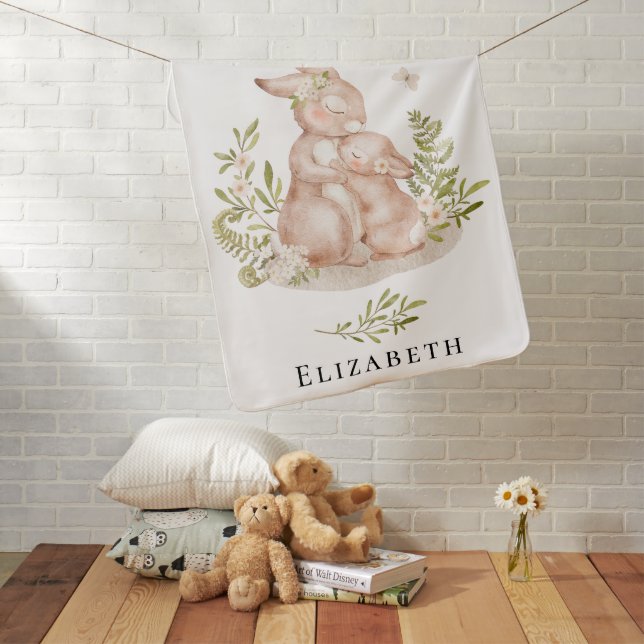 Cute and Rustic Woodland Bunny Monogram Name Baby Blanket (In Situ)
