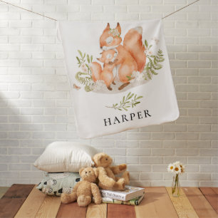 Cute and Rustic Woodland Fox  Monogram Name Baby Blanket