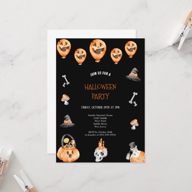 CUTE AND SCARY BLACK AND ORANGE HALLOWEEN PARTY  INVITATION (Front/Back In Situ)