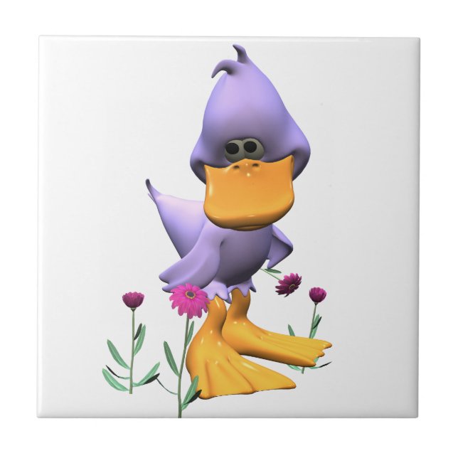 Cute and Shy Purple Cartoon Duck Ceramic Tile (Front)