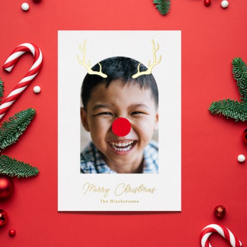 Cute and Silly Rudolph Reindeer Photo and Gold Foil Holiday Card