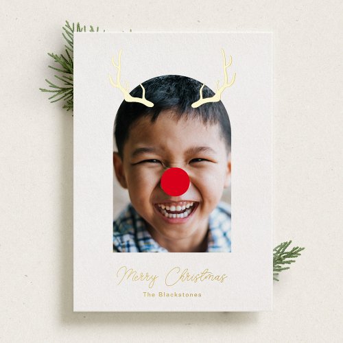 Cute and Silly Rudolph Reindeer Photo and Gold Foil Holiday Card