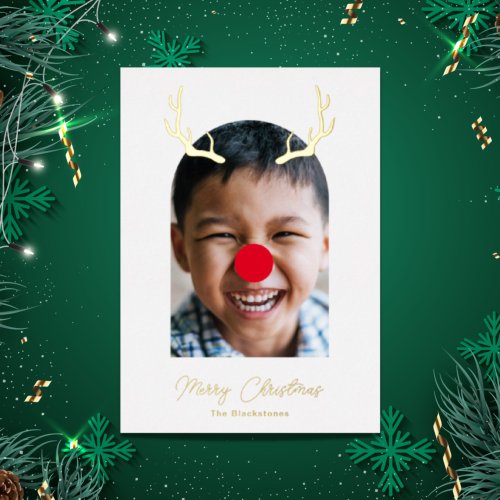 Cute and Silly Rudolph Reindeer Photo and Gold Foil Holiday Postcard