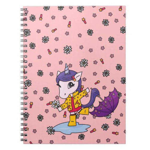 Cute and Simple Coral Floral Unicorn in Raincoat Notebook