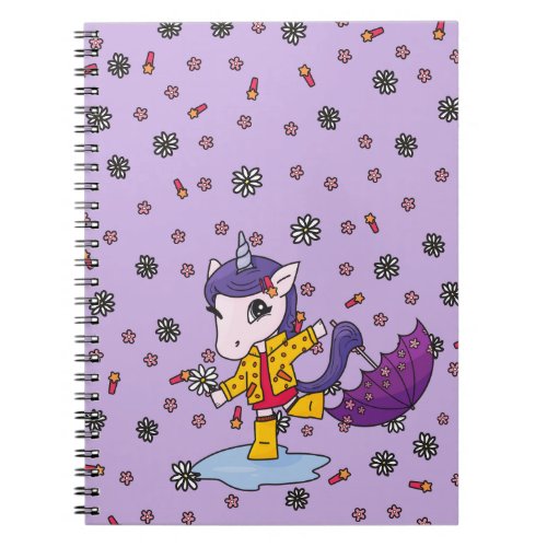 Cute and Simple Purple Floral Unicorn in Raincoat Notebook