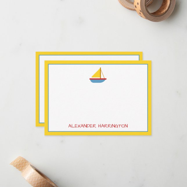 Cute and Simple Sailboat Personalized Note Card (Front/Back In Situ)
