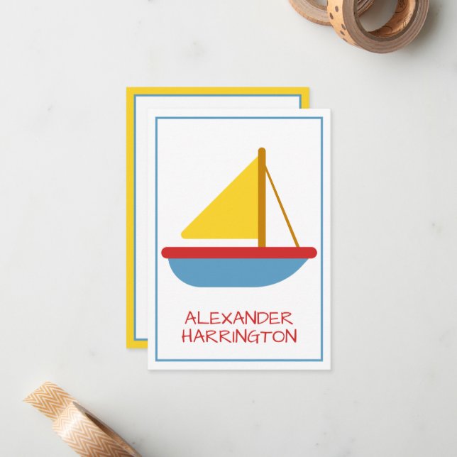 Cute and Simple Sailboat Personalized Note Card (Front/Back In Situ)