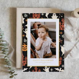 Cute and Spooky Pattern Happy Halloween Photo Foil Holiday Card