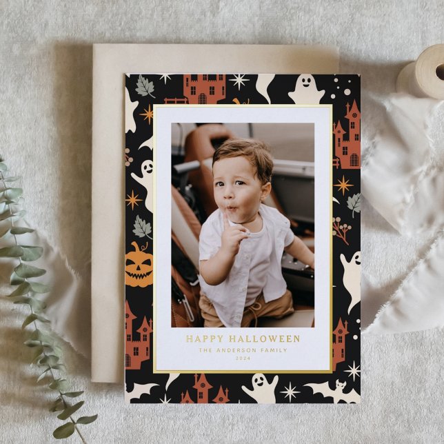 Cute and Spooky Pattern Happy Halloween Photo Foil Holiday Card (Creator Uploaded)