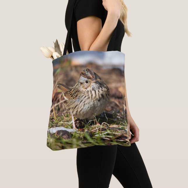 Cute and Spunky Lincoln's Sparrow Tote Bag (Close Up)