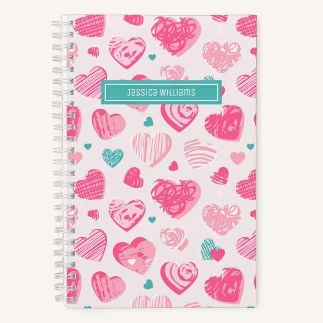 Cute and Sweet Heart Pattern Girly Pink Notebook (Front)