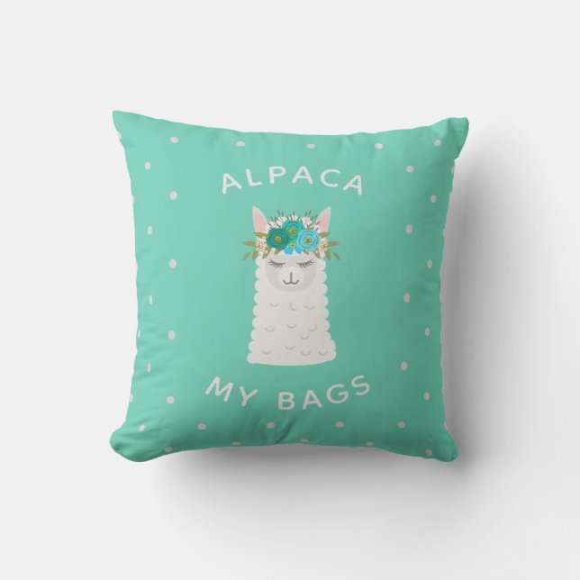 Cute and Trendy Alpaca | Turquoise Throw Pillow (Front)