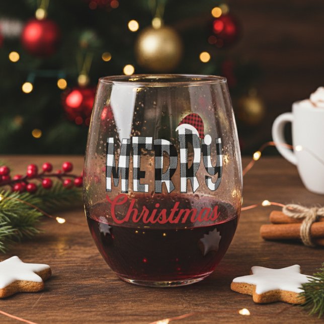 Cute And Trendy Buffalo Plaid Merry Christmas Stemless Wine Glass (Cute And Trendy Buffalo Plaid Merry Christmas Stemless Wine Glass)