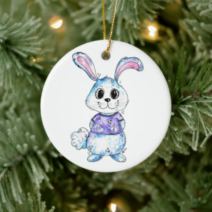 Cute and Whimsical Blue Bunny Ceramic Ornament