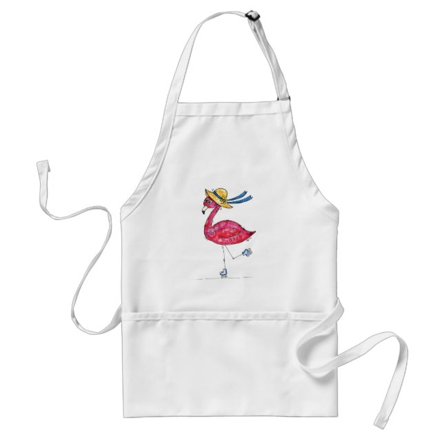 Cute and Whimsical Pink Flamingo on Skates Adult Apron (Front)