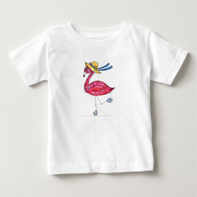 Cute and Whimsical Pink Flamingo on Skates Baby T-Shirt (Front)