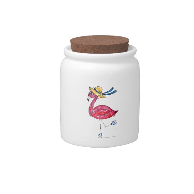 Cute and Whimsical Pink Flamingo on Skates Candy Jar (Front)