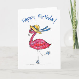 Cute and Whimsical Pink Flamingo on Skates Card